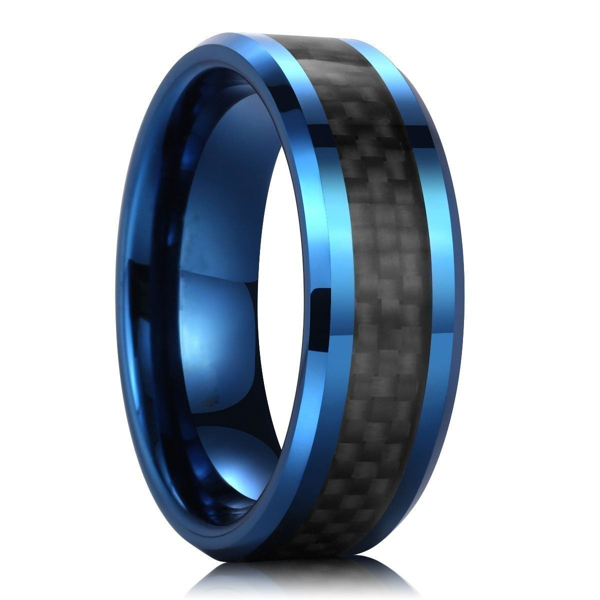 GENTLEMAN 8mm Blue Tungsten Carbide Ring Black Carbon Fiber Wedding Band Polished Finish Comfort Fit-Rings-Innovato Design-7-Innovato Design