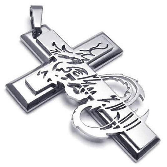 Men Stainless Steel Gothic Dragon Cross Pendant Necklace, 24 inch Chain-Necklaces-KONOV-Innovato Design