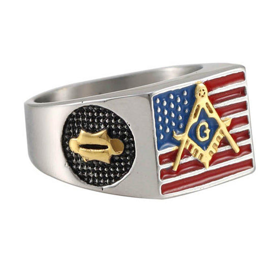 Silver Masonic Freemason American Flag Biker Mason Member Ring-Rings-KONOV-7-Innovato Design