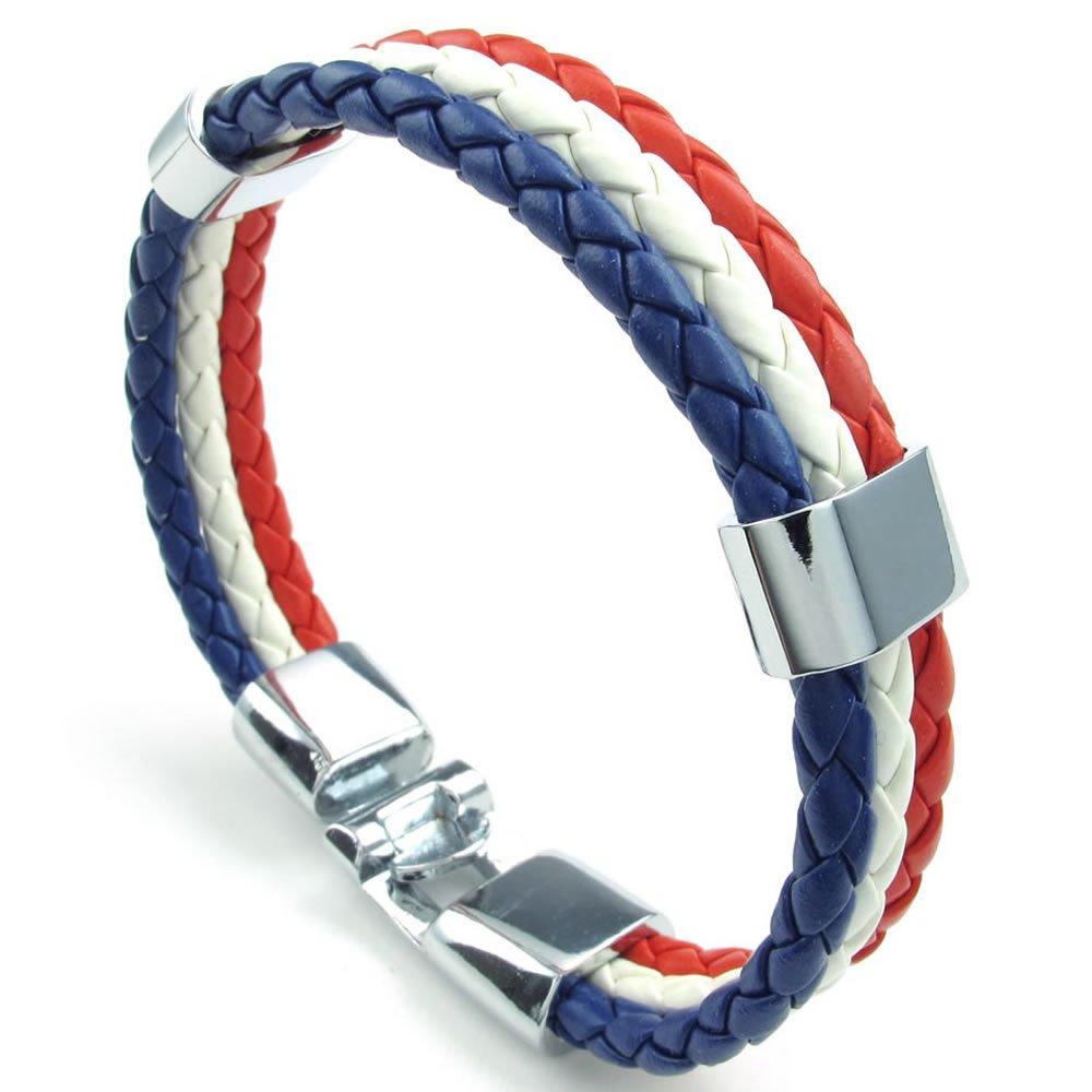 Men Women Feather Bracelet, French France Flag Cuff Bangle, Blue White Red, 8" 8.5" 9"-Bracelets-Innovato Design-8.5 inches-Innovato Design