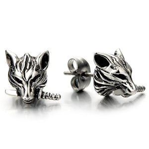 Rock Punk Mens Wolf Head Sword Stud Earrings in Stainless Steel, 2 Pcs-Earrings-Innovato Design-Innovato Design