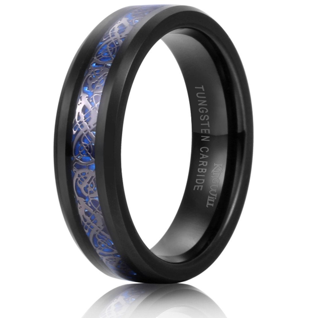 DRAGON Unisex 6 mm Black Celtic Dragon Blue Carbon Fiber Tungsten Carbide Ring Comfort Fit-Rings-Innovato Design-5-Innovato Design
