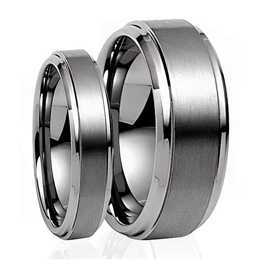 Matching Set " His 8MM " & " Her's 6MM " Brushed Center Step Edge Tungsten Carbide Wedding Band Ring Set-Rings-Innovato Design-6-5-Innovato Design