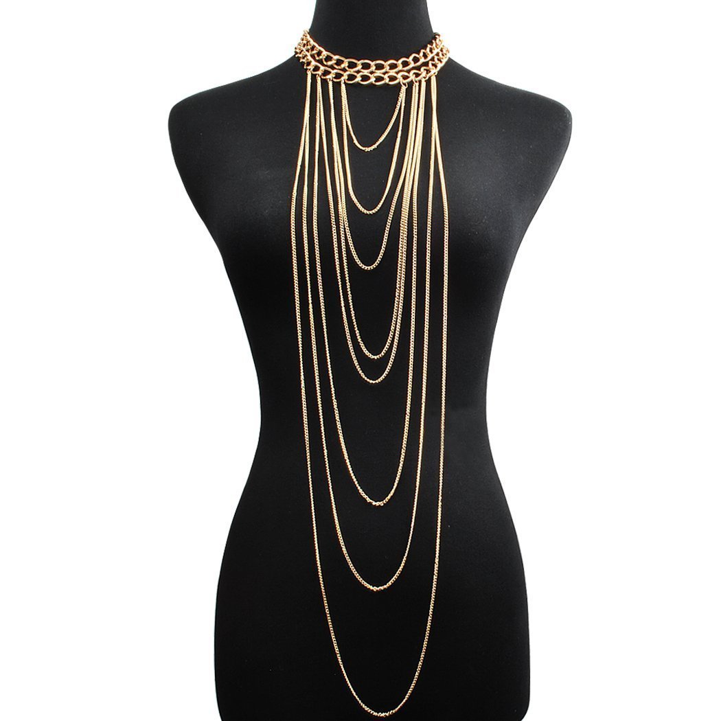 Fashion Gold Tone Bohemian Layered Sexy Bralette Body Chain Statement Beach Jewelry-jewelry-Innovato Design-2 Layered-Innovato Design
