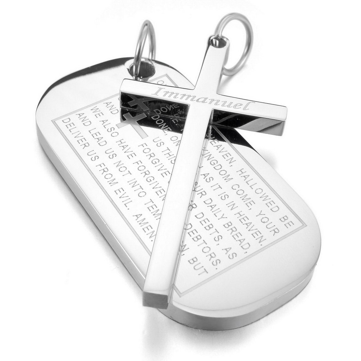 Men's Stainless Steel Pendant Necklace Silver Tone Dog Tag Cross English Bible Lords Prayer -With 23 Inch Chain-Necklaces-INBLUE-Innovato Design