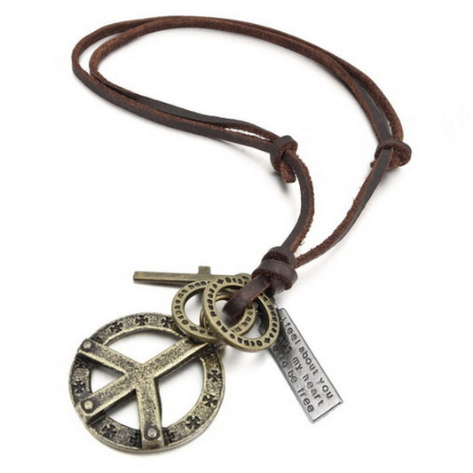 Men's Alloy Genuine Leather Pendant Necklace Gold Tone Cross Peace Sign Adjustable 16~26 Inch Chain-Necklaces-INBLUE-Innovato Design