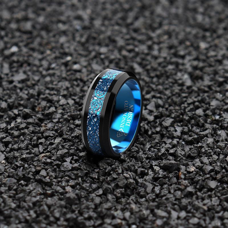 DRAGON Blue Celtic Dragon Tungsten Carbide Ring 8mm Men Black Wedding Band Polished Comfort Fit-Rings-Innovato Design-6-Innovato Design