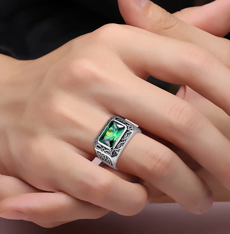 Men's Sterling Silver Wedding Band Engagement Ring Green Nano Emerald Simulated Peridot Ring-Rings-Innovato Design-6-Innovato Design