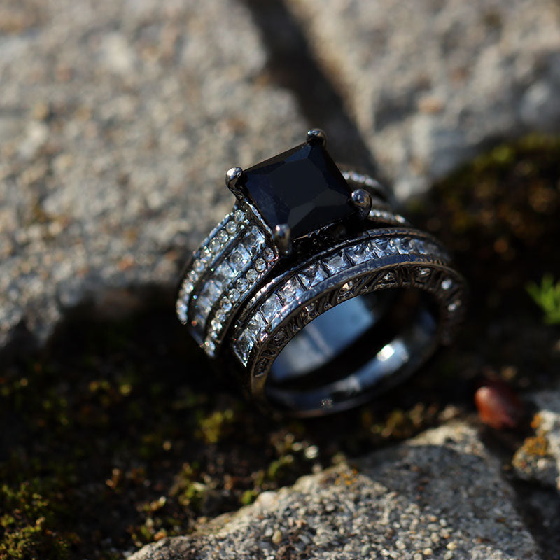 Silver Celtic Dragon Inlay and Black Rhinestone Stainless Steel Wedding Bands Set-Couple Rings-Innovato Design-6-5-Innovato Design