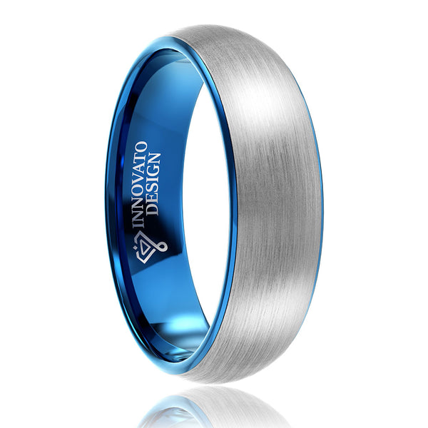6mm Silver Blue Tungsten Carbide Ring Wedding Band for Him Domed Design Matte Finish Comfort Fit