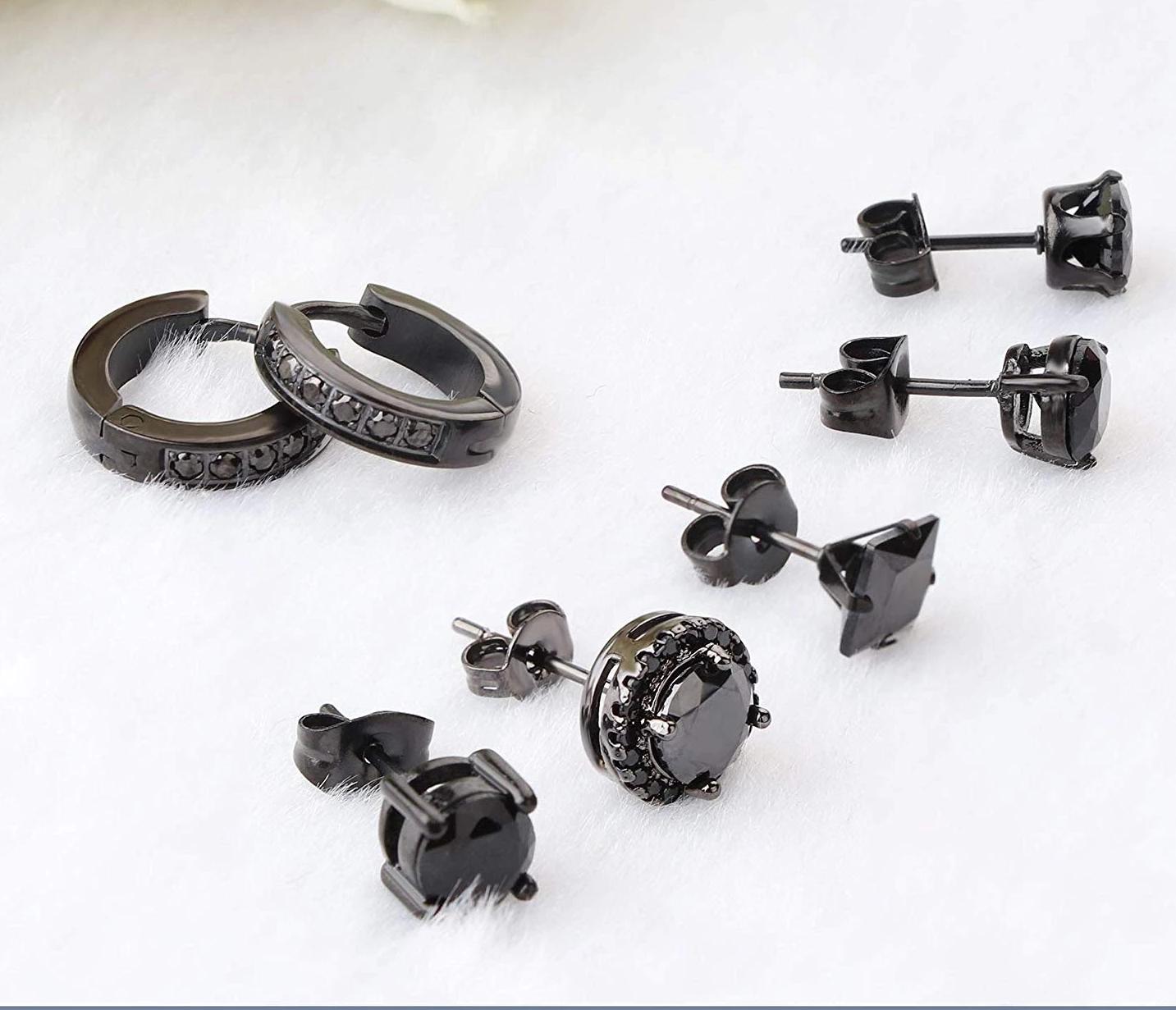 6 Pairs Stainless Steel Hoop Earrings for Women Men Stud Earrings CZ Set-Earrings-Innovato Design-A: 6 Pairs Black-Innovato Design