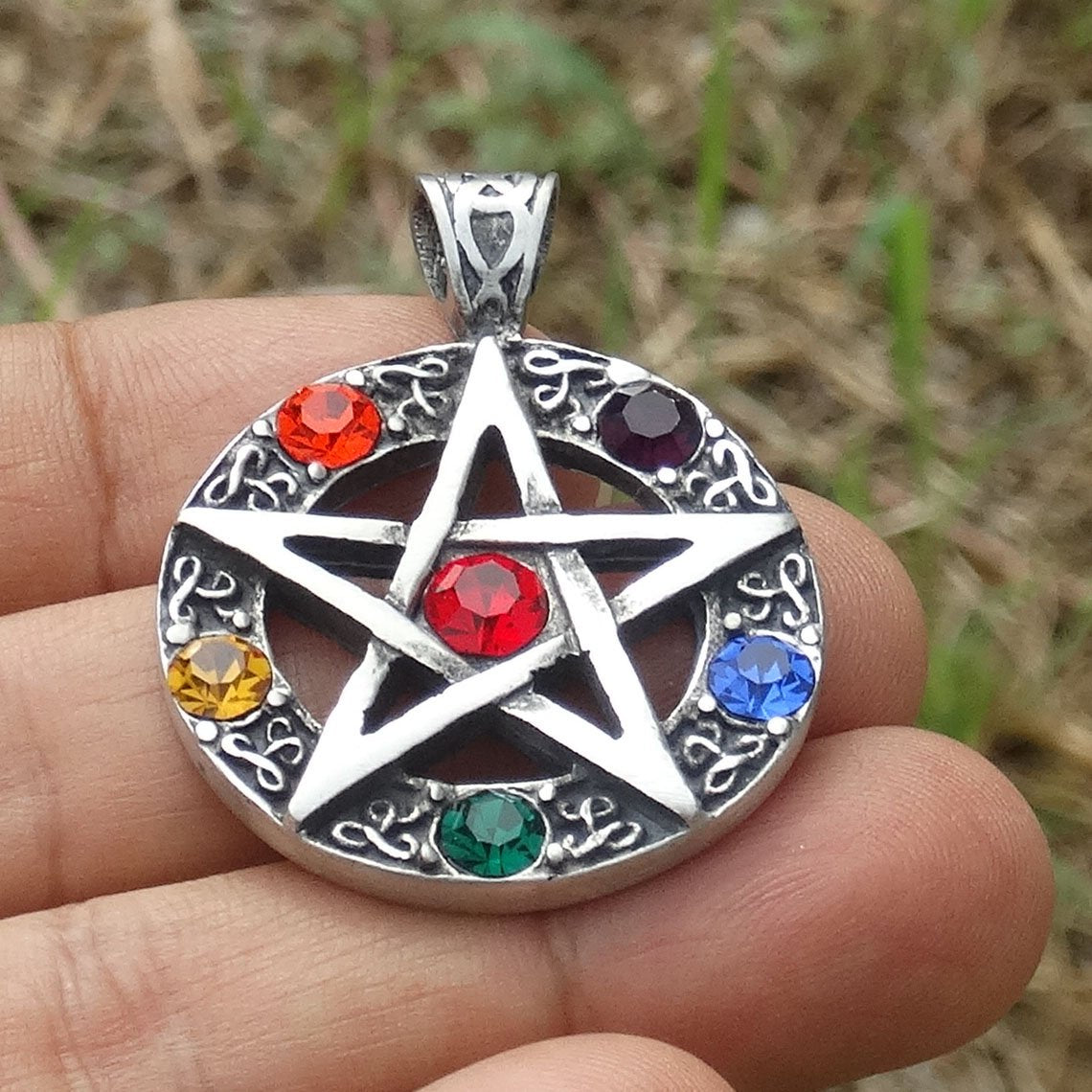 Elemental Crystal Wiccan Pagan Magic Star Pentacle Pentagram Pewter Pendant-Necklaces-Innovato Design-Innovato Design