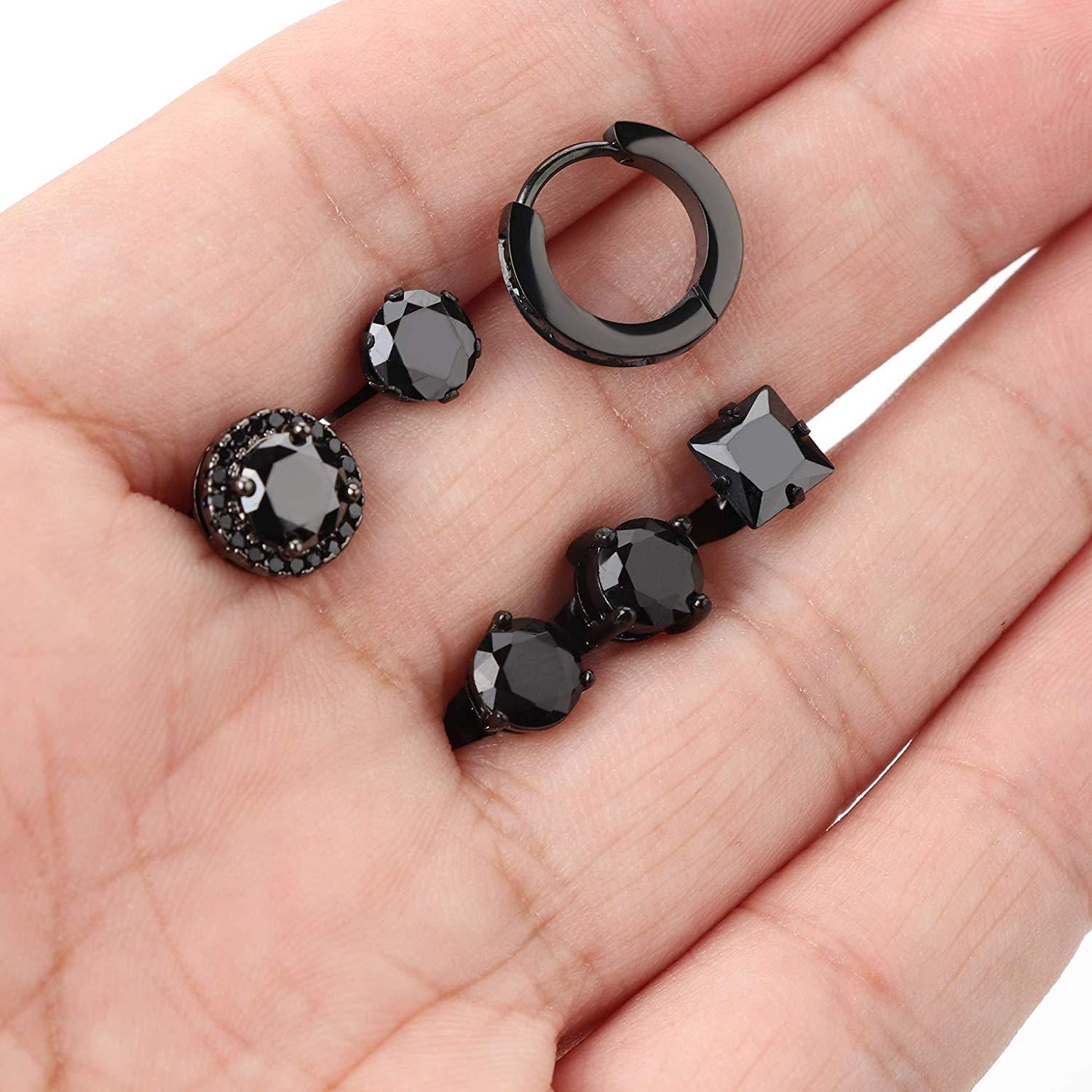 6 Pairs Stainless Steel Hoop Earrings for Women Men Stud Earrings CZ Set-Earrings-Innovato Design-A: 6 Pairs Black-Innovato Design