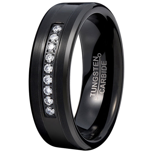 Men Black 8mm Tungsten Carbide Ring Vintage Cubic Zirconia Wedding Jewelry Engagement Promise Band for Him Matte Finish Comfort Fit-Rings-Fashion Month-7-Innovato Design