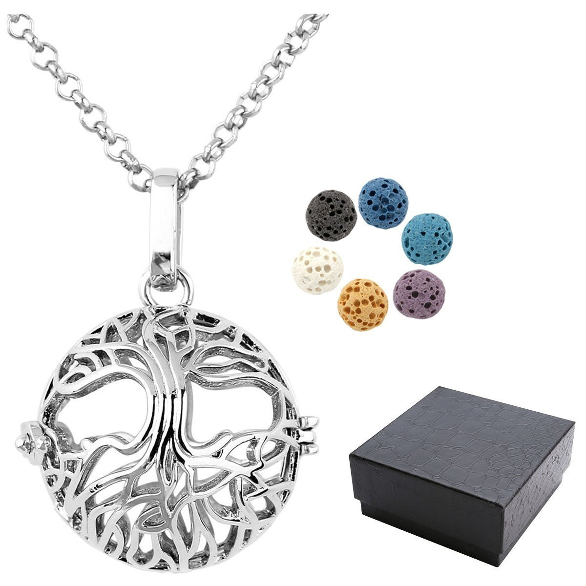 Aromatherapy Essential Oil Diffuser Necklace Antique Silver Tree of Life Locket Pendant Necklace-Necklaces-Top Plaza-Bird Cage-Innovato Design
