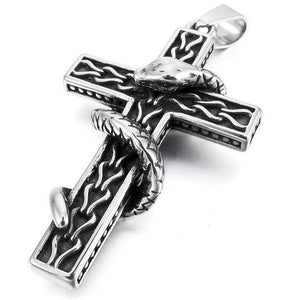 Men's Stainless Steel Pendant Necklace Silver Tone Black Cobra Snake Cross -With 23 Inch Chain-Necklaces-INBLUE-Innovato Design