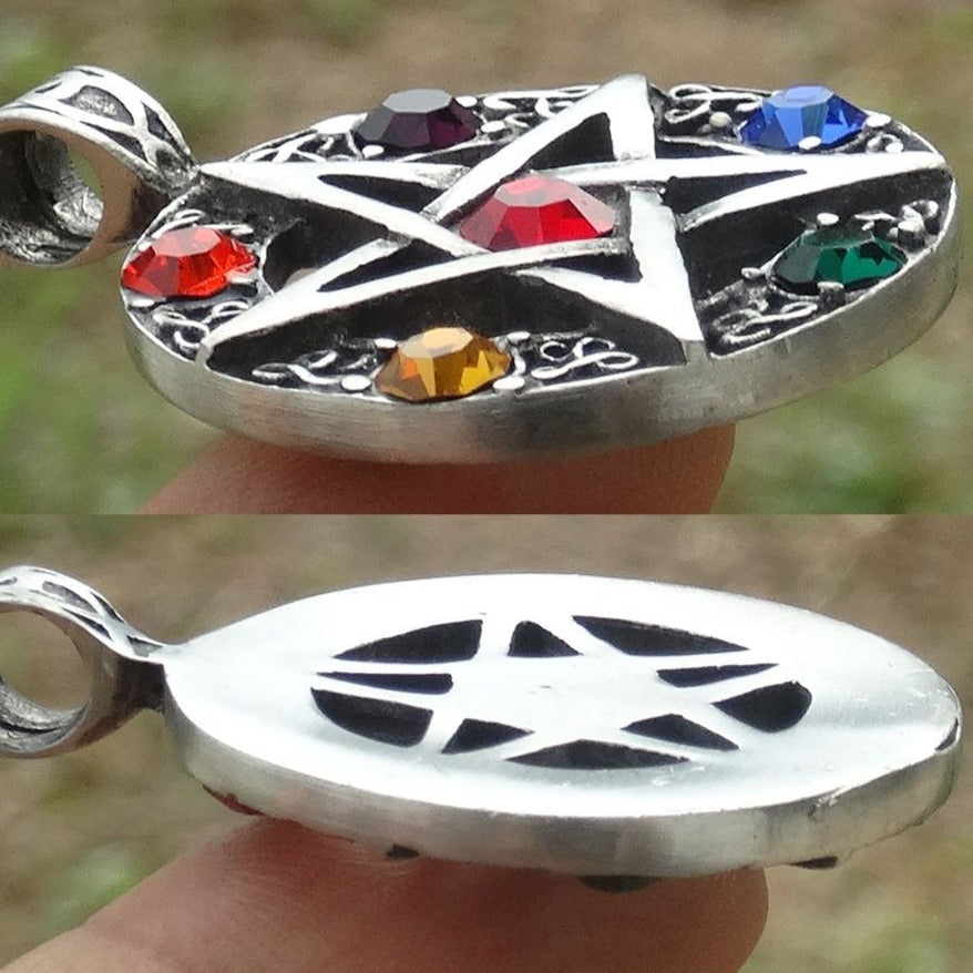 Elemental Crystal Wiccan Pagan Magic Star Pentacle Pentagram Pewter Pendant-Necklaces-Innovato Design-Innovato Design