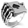 Men's Stainless Steel Ring Silver Tone Black Ace of Spades Poker Card Skull Hand - InnovatoDesign