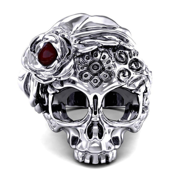 Ladies Skull Ring Antique Big Statement Ruby Flower Seleton Jewelry - InnovatoDesign