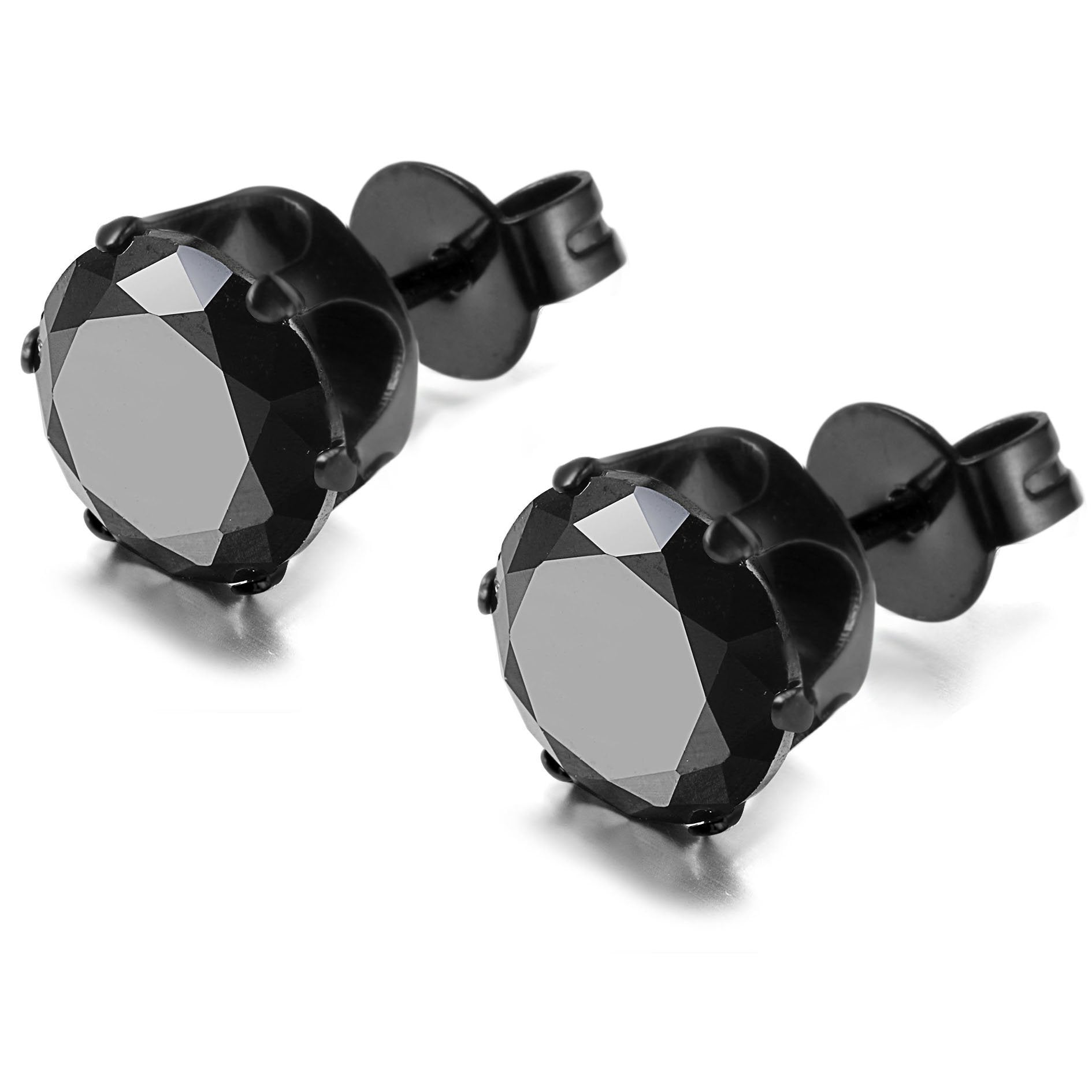 Stainless Steel Mens Womens Stud Earrings Black Round Cubic Zirconia Inlaid, 3mm-8mm Available-Earrings-Innovato Design-Stone Diameter 3mm-Innovato Design