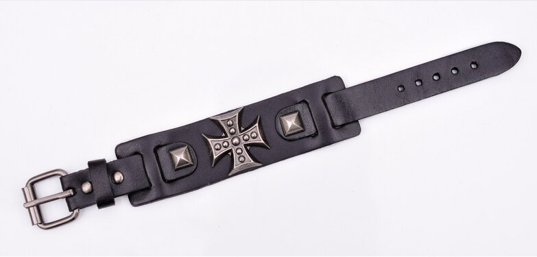 Men's Wide Alloy Genuine Leather Bracelet Bangle Cuff Black Cross Punk Belt-Bracelets-Innovato Design-Innovato Design