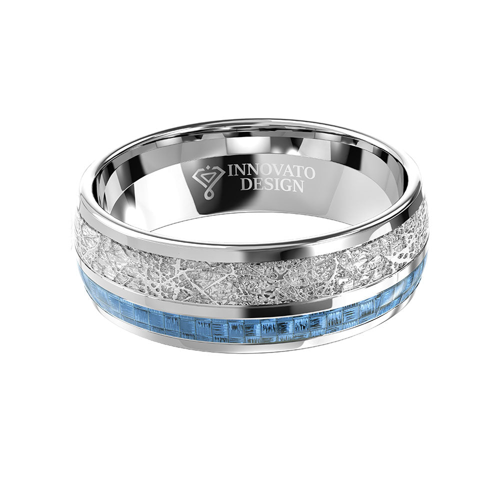 8 mm Men Tungsten Carbide Wedding Ring Imitated Meteorite Blue Carbon-Rings-Innovato Design-7-Innovato Design