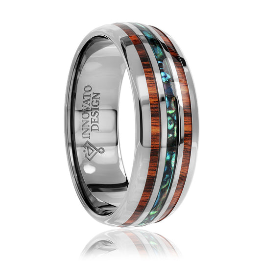 8 mm Silver Plated Tungsten Carbide Ring with Abalone Shell and Hawaiian Koa Wood Inlay
