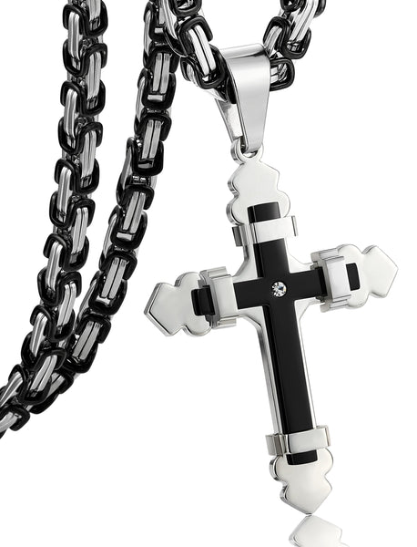 Stainless Steel Cross Necklace Pendant for Men Byzantine Chain