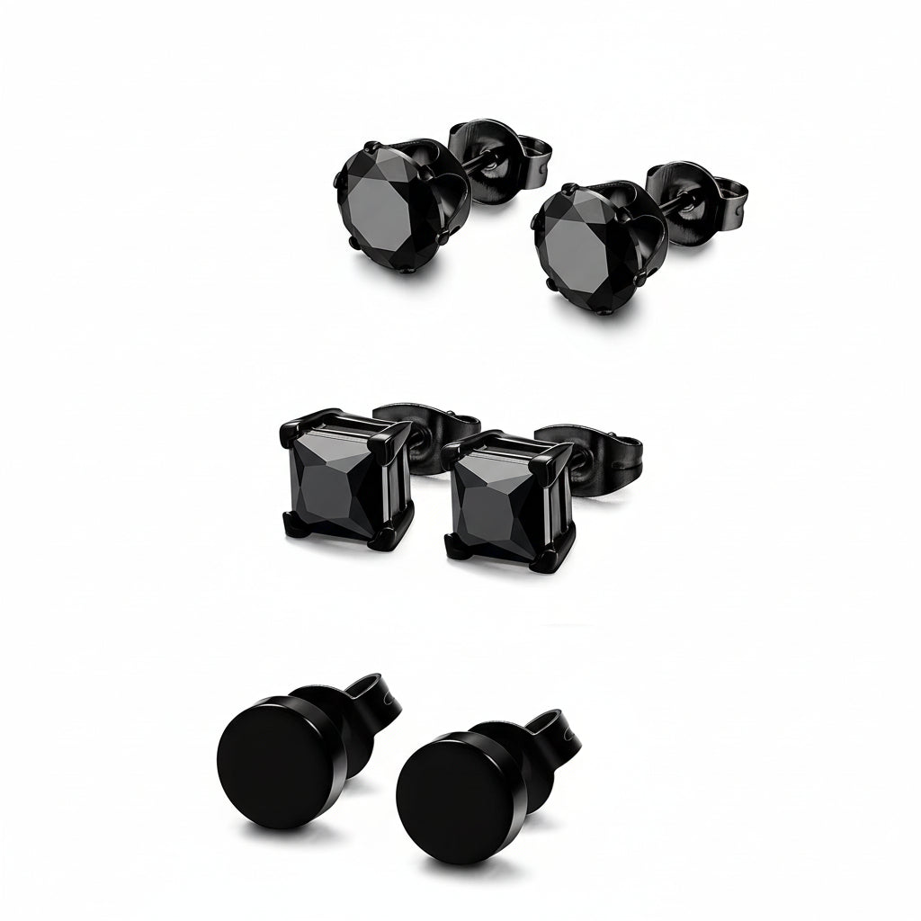 3 Pairs Stainless Steel Black Stud Earrings for Men Women CZ Earrings, 3mm-8mm Available-Earrings-Innovato Design-A: Diameter: 3mm-Innovato Design