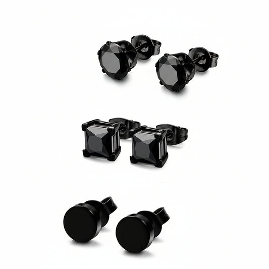 3 Pairs Stainless Steel Black Stud Earrings for Men Women CZ Earrings, 3mm-8mm Available-Earrings-Innovato Design-A: Diameter: 3mm-Innovato Design