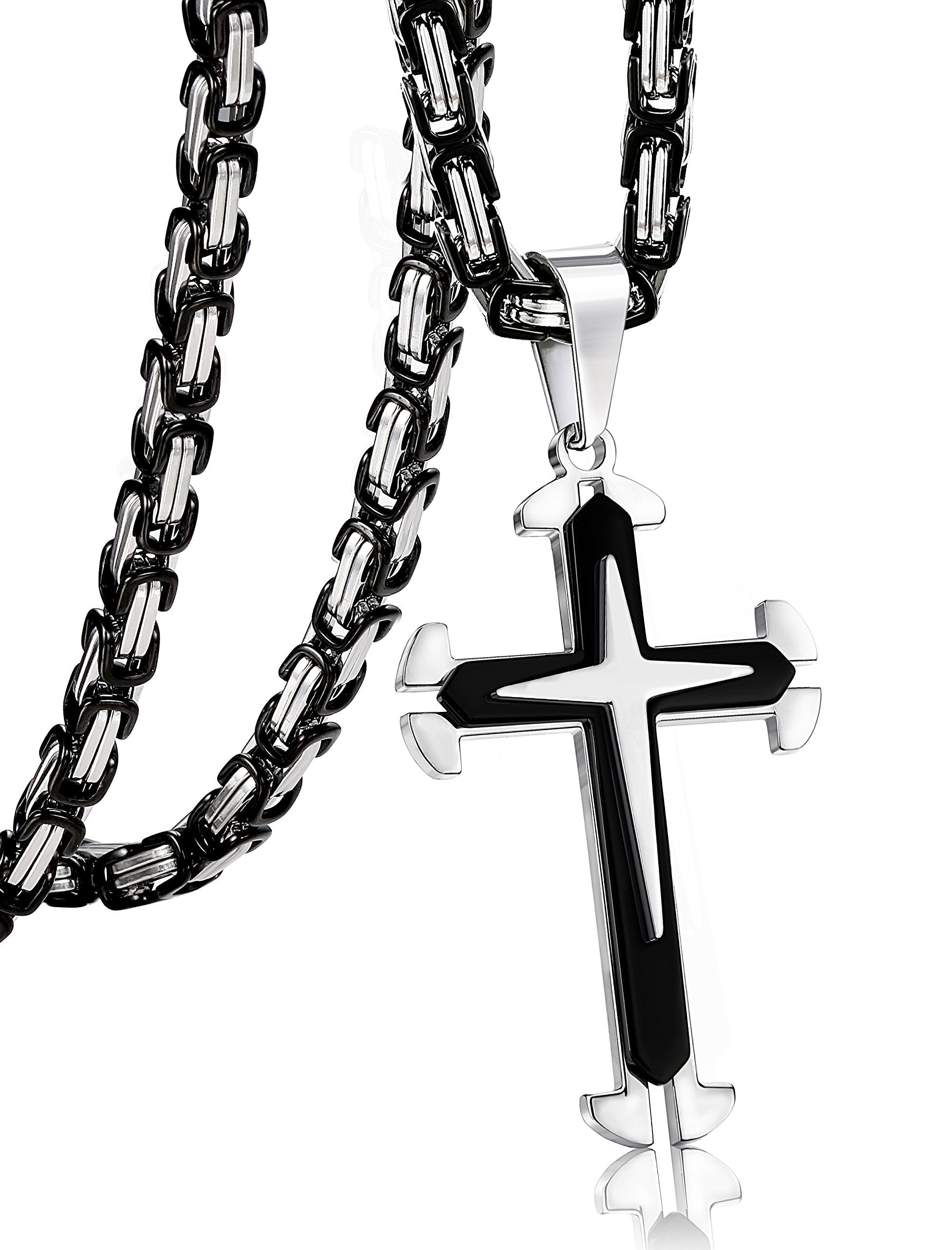 Stainless Steel Men Cross Necklace Pendant for Boys Byzantine Chain Black 5mm 22-30 Inch-Necklaces-Jstyle Jewelry-Cross Pendant + 24 Inch Byzantine Chain-Innovato Design
