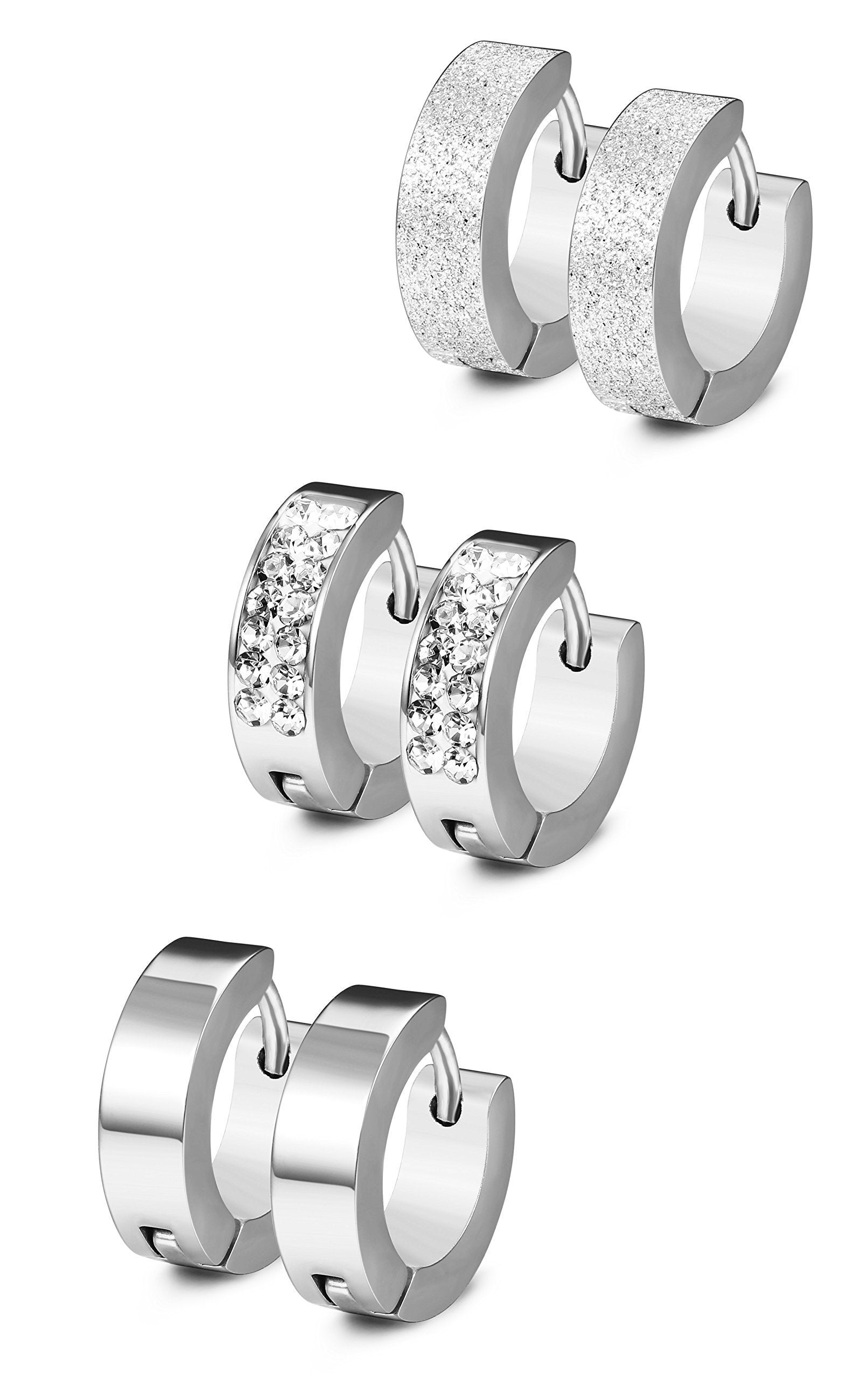 3 Pairs Stainless Steel Men Women Hoop Earrings CZ Huggie Earrings Ear Piercing 18G-Earrings-Jstyle Jewelry-Silver-Innovato Design