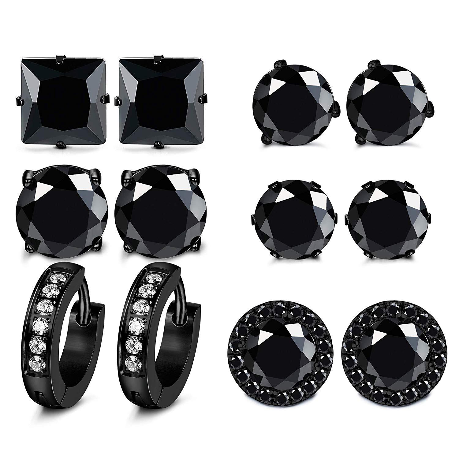 6 Pairs Stainless Steel Hoop Earrings for Women Men Stud Earrings CZ Set-Earrings-Innovato Design-A: 6 Pairs Black-Innovato Design