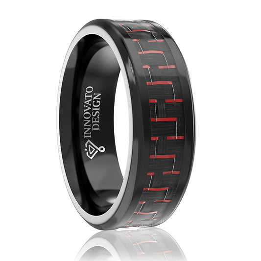 8MM Men Titanium Ring Wedding Band Black Plated with Black and Red Carbon Fiber Inlay-Rings-Innovato Design-7-Innovato Design