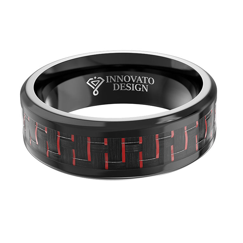 8MM Men Titanium Ring Wedding Band Black Plated with Black and Red Carbon Fiber Inlay-Rings-Innovato Design-7-Innovato Design