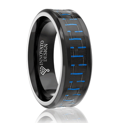 8MM Men Titanium Ring Wedding Band Black Plated with Black and Blue Carbon Fiber Inlay