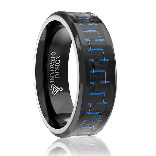 8MM Men Titanium Ring Wedding Band Black Plated with Black and Blue Ca ...