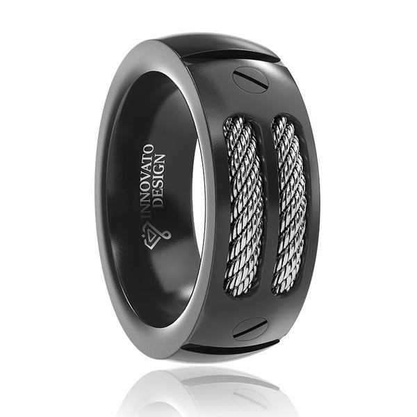 8MM Men's Black Titanium Ring Wedding Band with Stainless Steel Cables and Screw Design Sizes 7 to 13