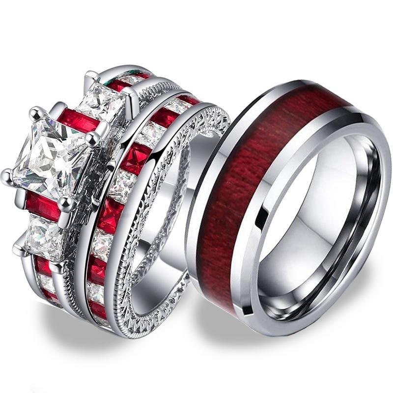 Red Koa Wood Inlay and White/Red Cubic Zirconia Stainless Steel Wedding Ring Set-Couple Rings-Innovato Design-5-6-Innovato Design