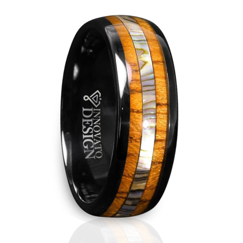 8mm Tungsten Carbide Black Ring with Koa Wood and Abalone Inlay-Rings-Innovato Design-6-Innovato Design