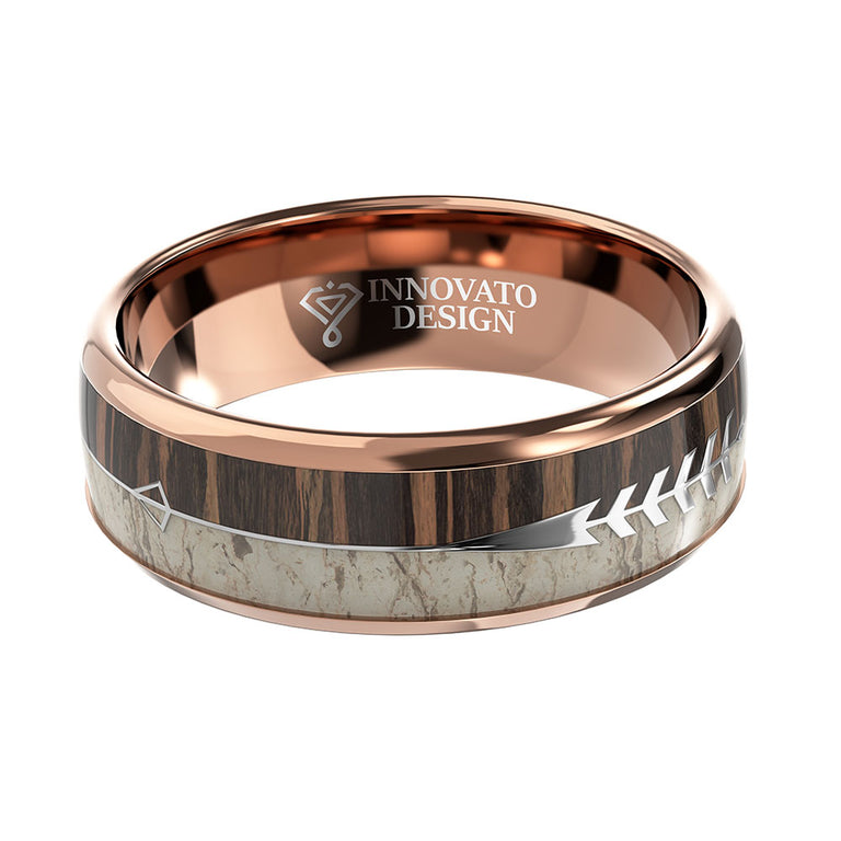 8mm Arrow Inlay Deer Antler and Zebra Wood Rose Gold Tungsten Ring ...