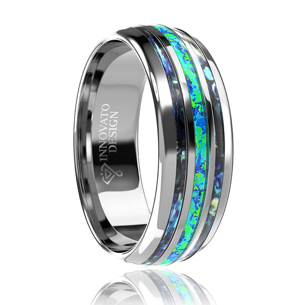 8mm Blue Green Abalone Silver Tungsten Carbide Band