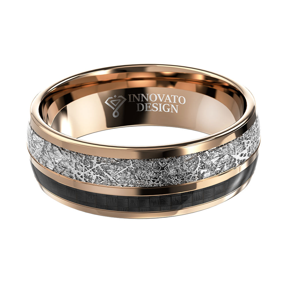 8mm Rose Gold Tungsten Carbon Fiber Meteorite Wedding Band-Rings-Innovato Design-7-Innovato Design