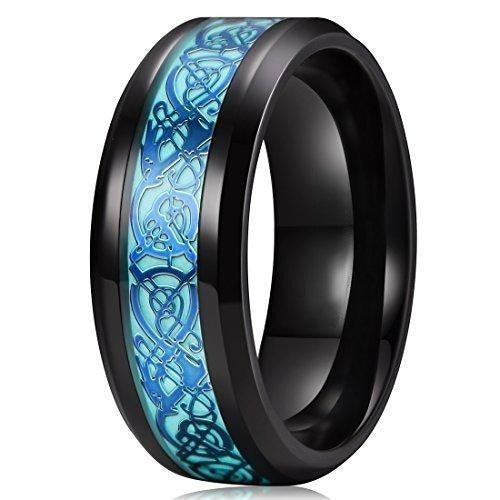 8 mm Blue Celtic Dragon Aurora Luminous Glow Black Titanium Wedding Ring for Unisex
