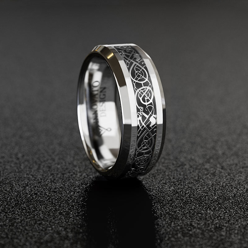 DRAGON Men Tungsten Carbide Ring Wedding Band 8mm Silver Celtic Dragon Inlay Polish Finish-Rings-Innovato Design-7-Innovato Design