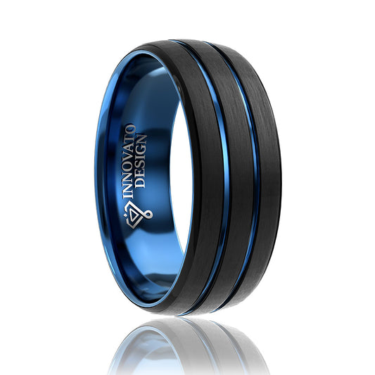 8mm Black & Blue Lines Tungsten Carbide Dome Ring