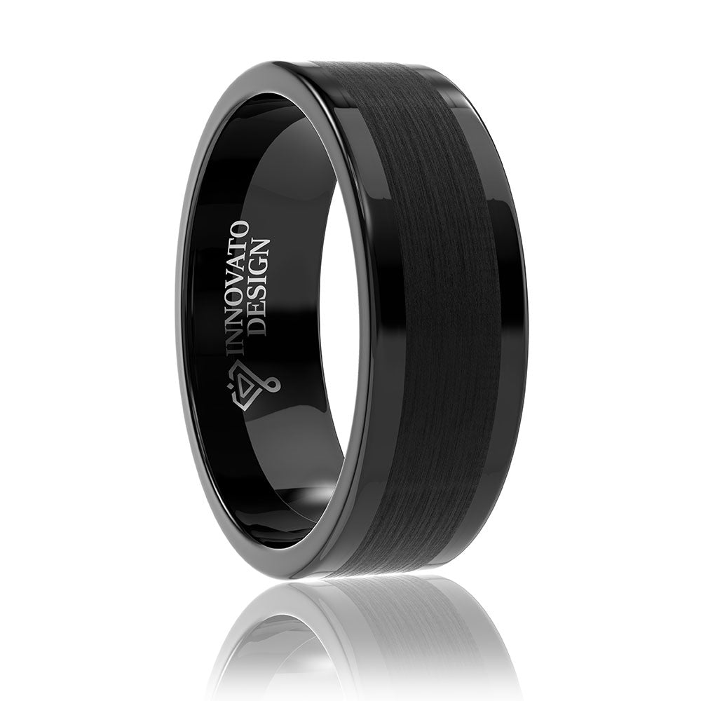 Black Tungsten Carbide with Matte Brushed Inlay Wedding Band-Rings-Innovato Design-5-Innovato Design