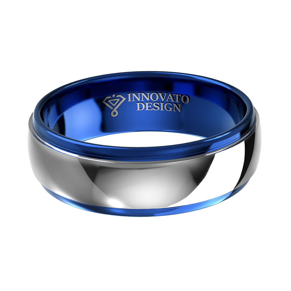DUO 8mm Tungsten Carbide Ring Blue Silver Wedding Band Domed Highly Polished-Rings-Innovato Design-6-Innovato Design