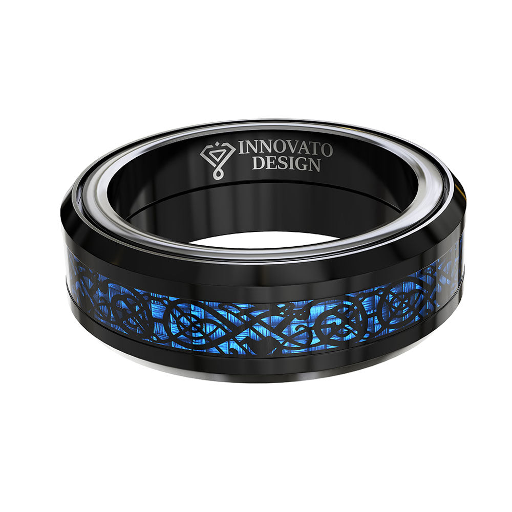 Dragon Blue Inlay Tungsten Spinner Wedding Band Ring-Rings-Innovato Design-Silver-6-Innovato Design
