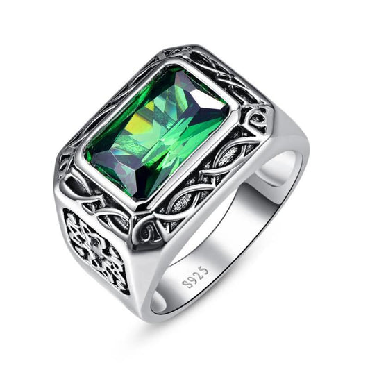 Men's Sterling Silver Wedding Band Engagement Ring Green Nano Emerald Simulated Peridot Ring - InnovatoDesign